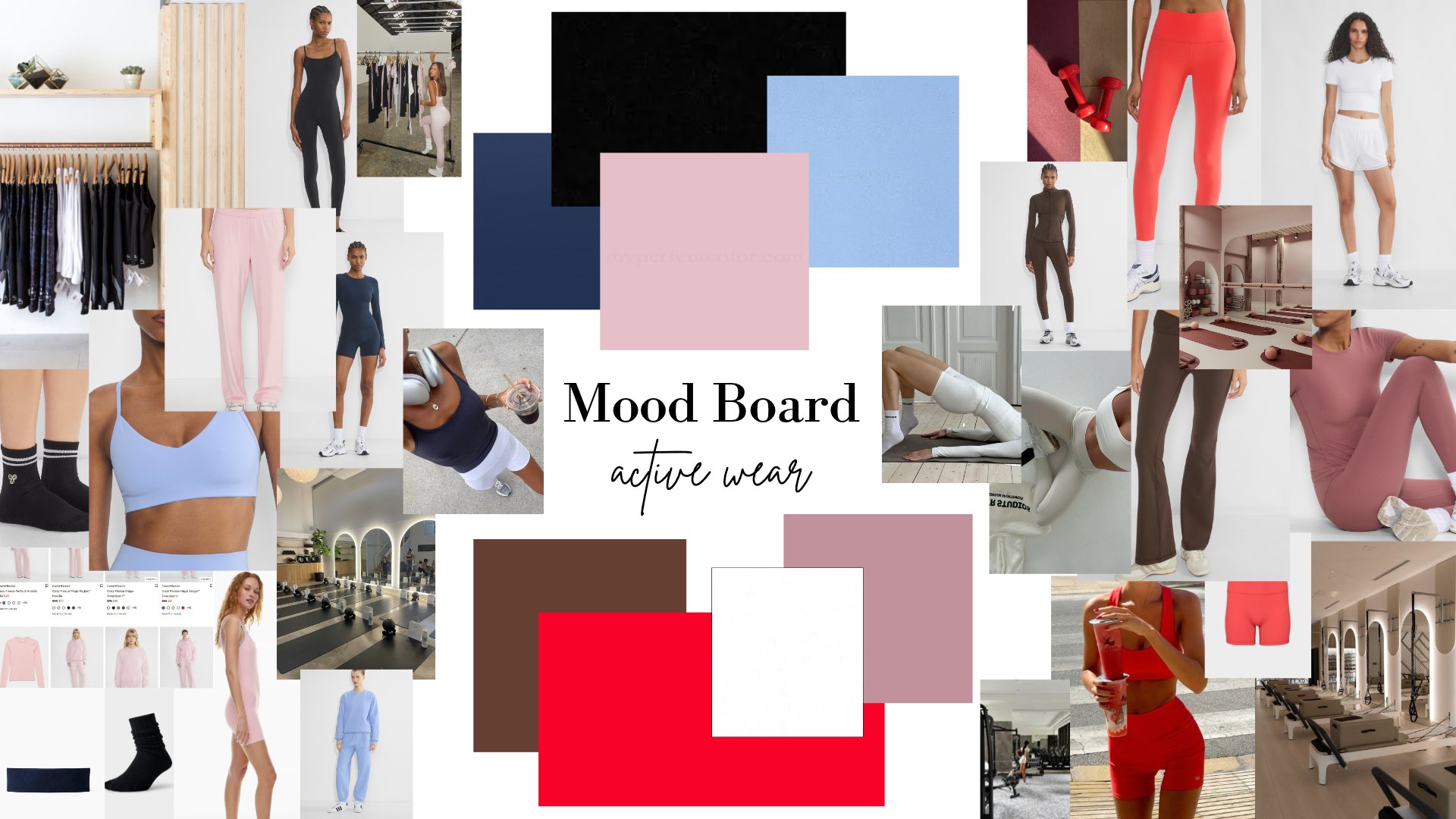 Activewear mood board with navy, black, sky blue, blush, cocoa, red, white, and mauve swatches surrounded by photos of one-piece sets, leggings, sports bras, sweatsuits, and Pilates studios