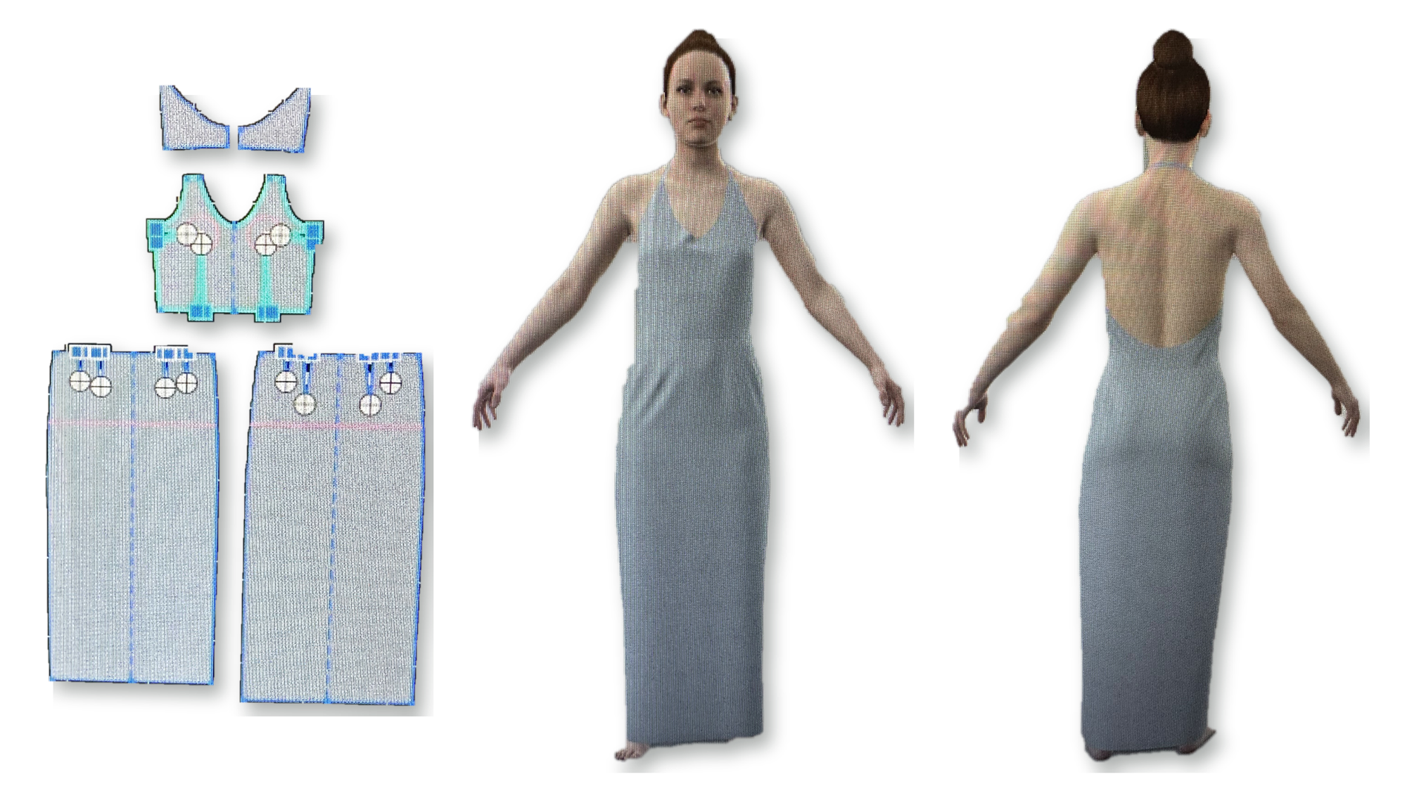 Pattern pieces for a halter maxi dress shown beside front and back views of the dress on a 3D avatar