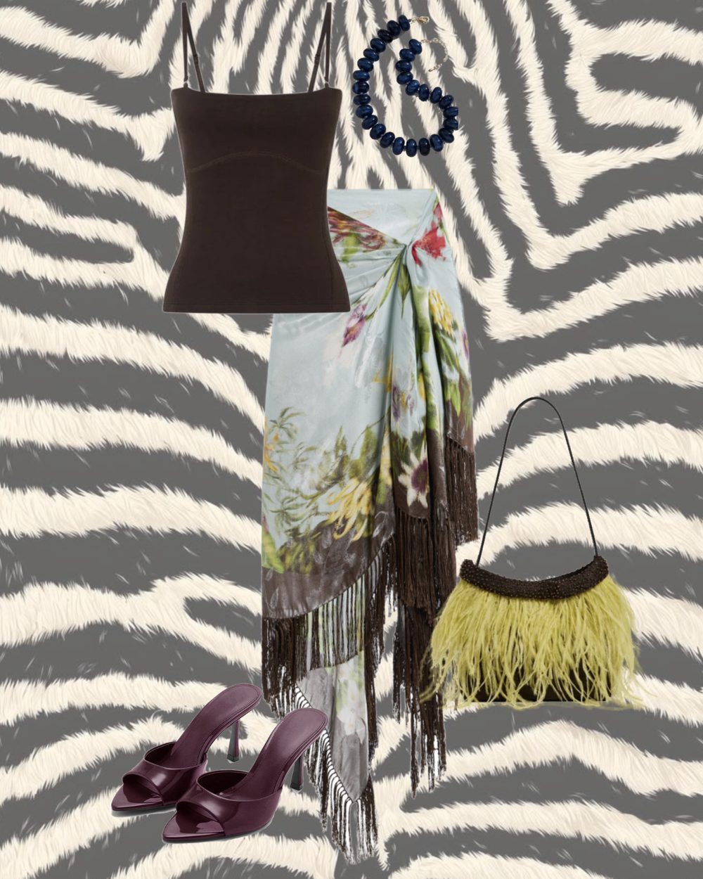 Outfit board on zebra print: brown corset top, floral fringed sarong skirt, navy beaded necklace, chartreuse feather bag, and burgundy heeled mules