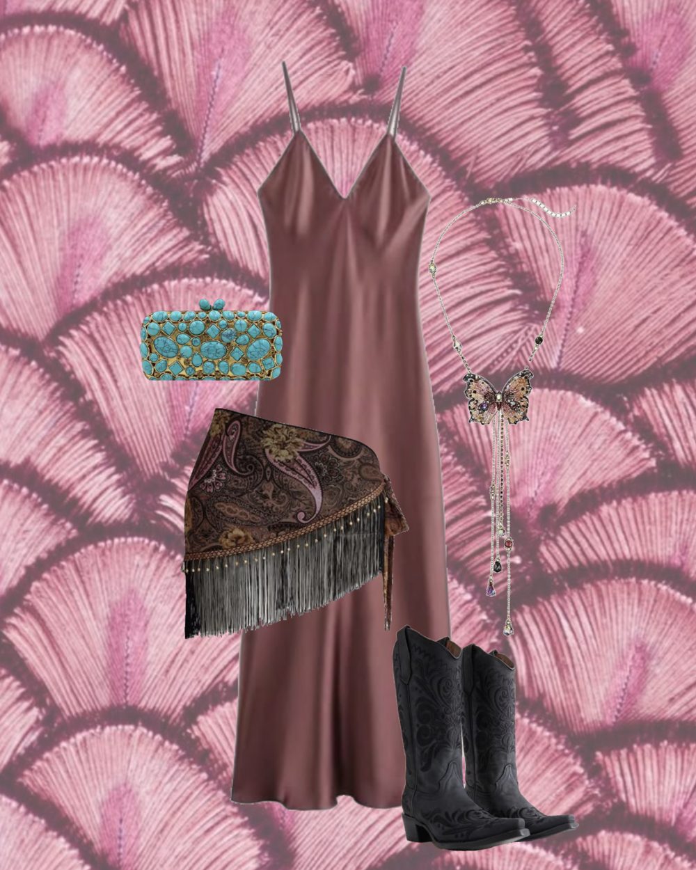 Outfit board on pink feather print: mauve satin slip dress, paisley fringed hip scarf, turquoise clutch, butterfly necklace, and black embroidered cowboy boots