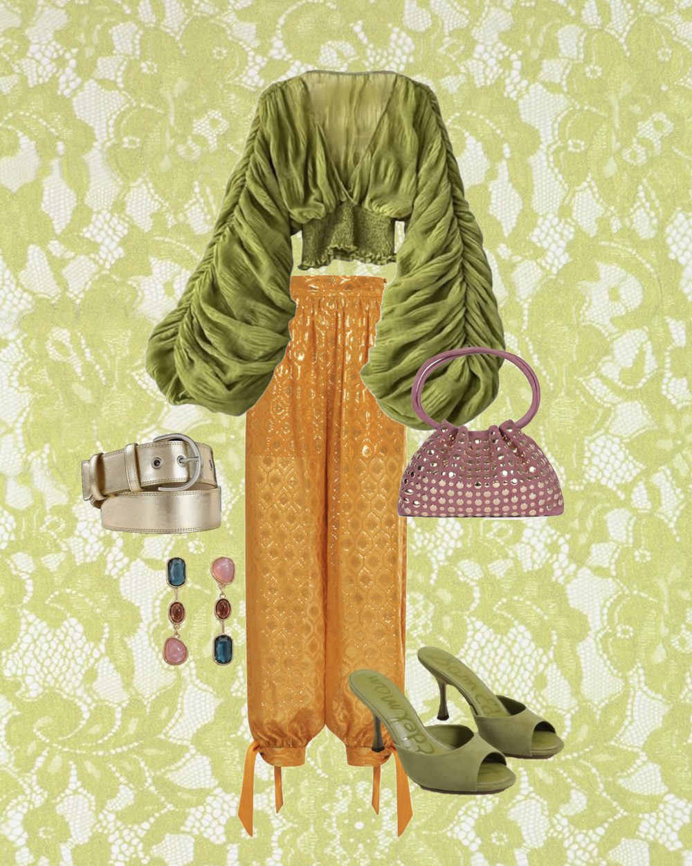 Outfit board on chartreuse lace: green ruched blouse, orange metallic tie-ankle pants, gold belt, jewel drop earrings, pink beaded bag, and green mules